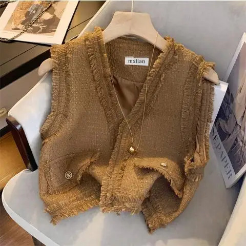 Chalecos Mujer French Fragrant Style Sleeveless Short Coat Black Tassel Vest Women Vintage Crop Top Colete Waistcoat 250804