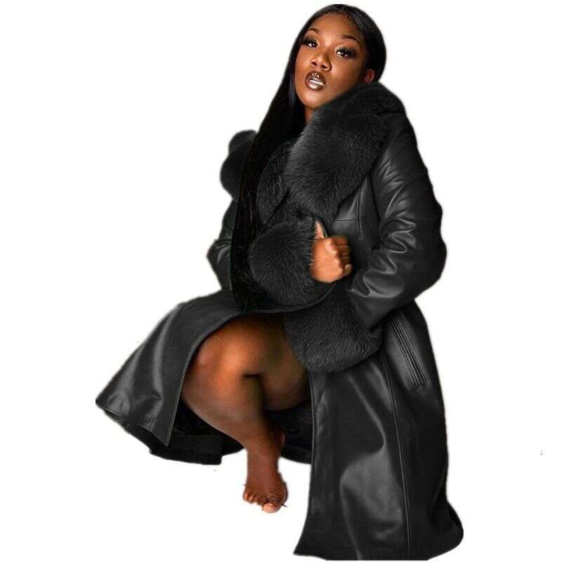 Women's Lapel Long Zip-Up PU fur Coat