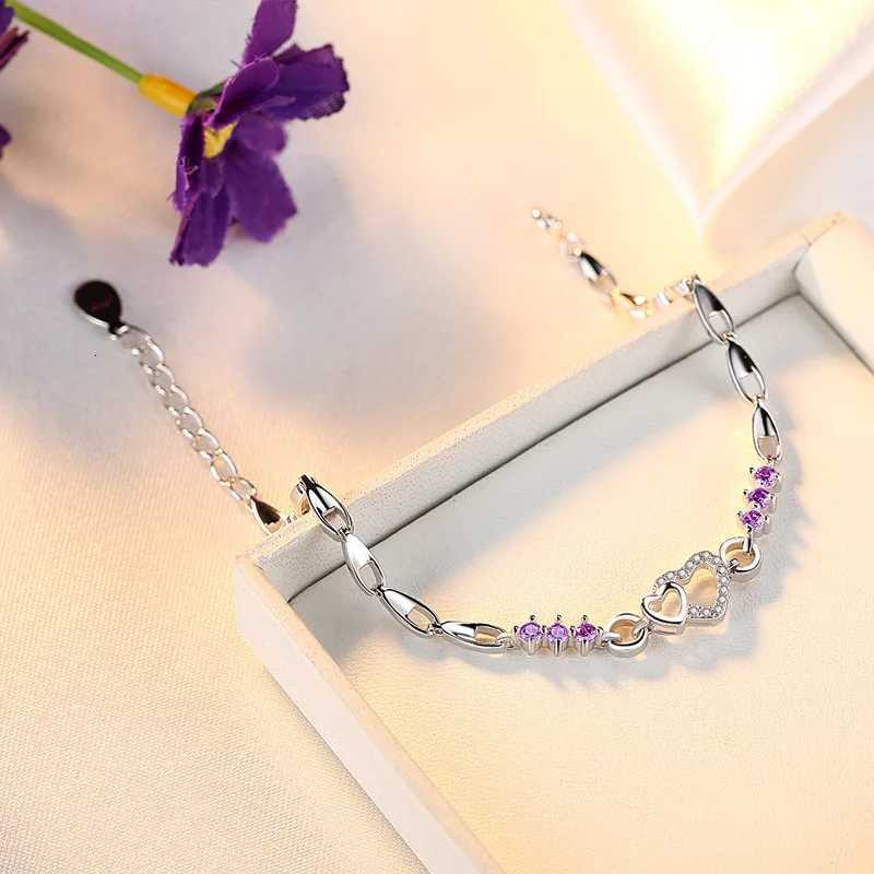 925 Sterling Silver Bracelet Purple Crystal Zircon Heart For Women Charm Bracelet Jewelry Gift Z250807
