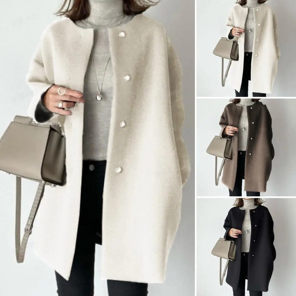 Round Neck Coat Stylish Woolen Coat for Women Button-down Round Neck Outerwear Mid Length Jacket for Fall Winter for Commuting 250805
