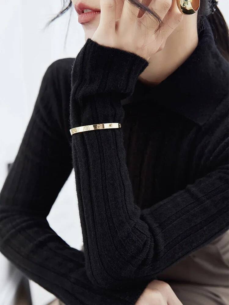 2025 Autumn Winter Sweaters New Polo Collar Women Knitted Sweater Long Sleeve Slim Fit Pullovers Soft Warm Bottoming Tops dongdumaoyi
