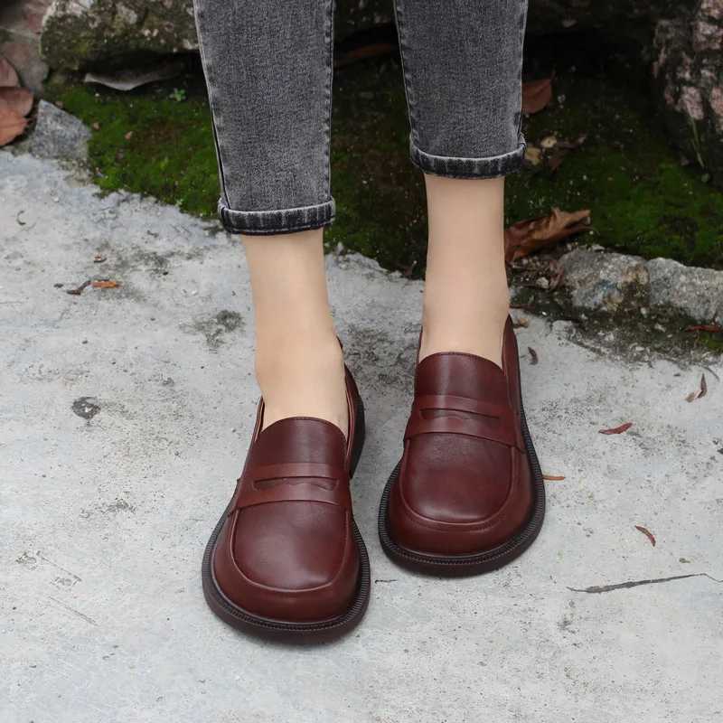 Large Head Genuine Leather Shoes Retro Large Toe Cow Leather Womens Shoes Lefu Shoes W250808