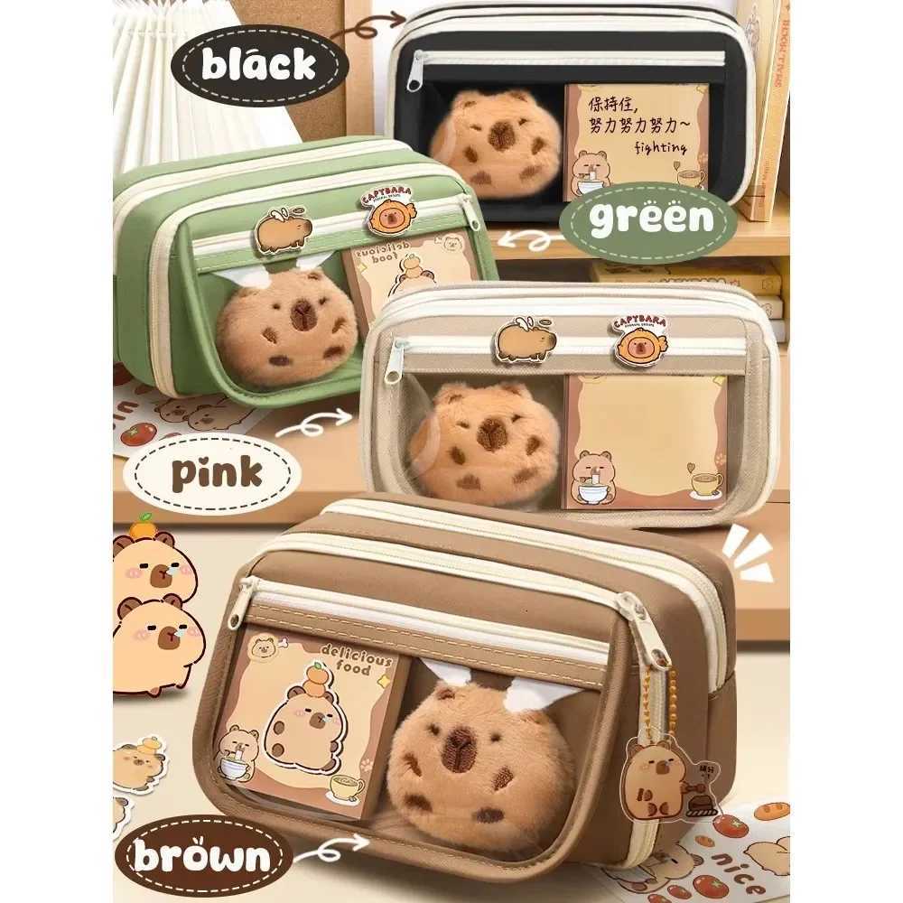 Capybara Pencil Bag, Fabric Stationery Holder And Pencil Case Organizer With Sticker And Brooch Attachment Points - School Supplies Storage For Studen - view 5