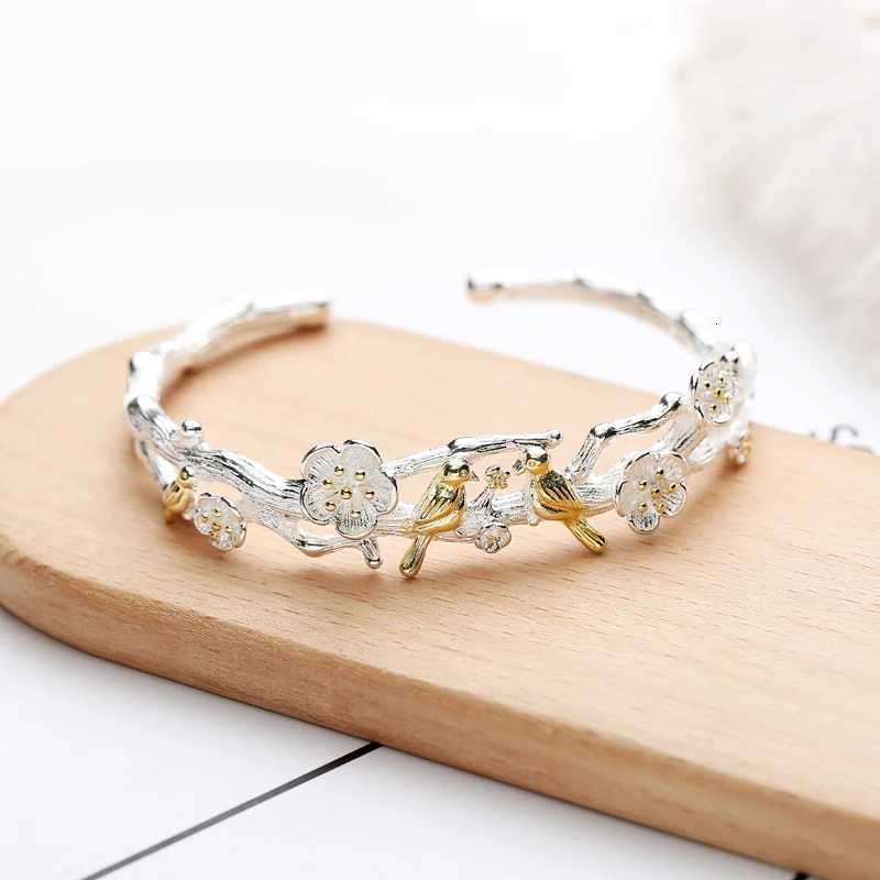 Personality New Art 925 Sterling Silver Jewelry Female Simple Bar Bird Branches High-Quality Popular Open Bracelet Z250807