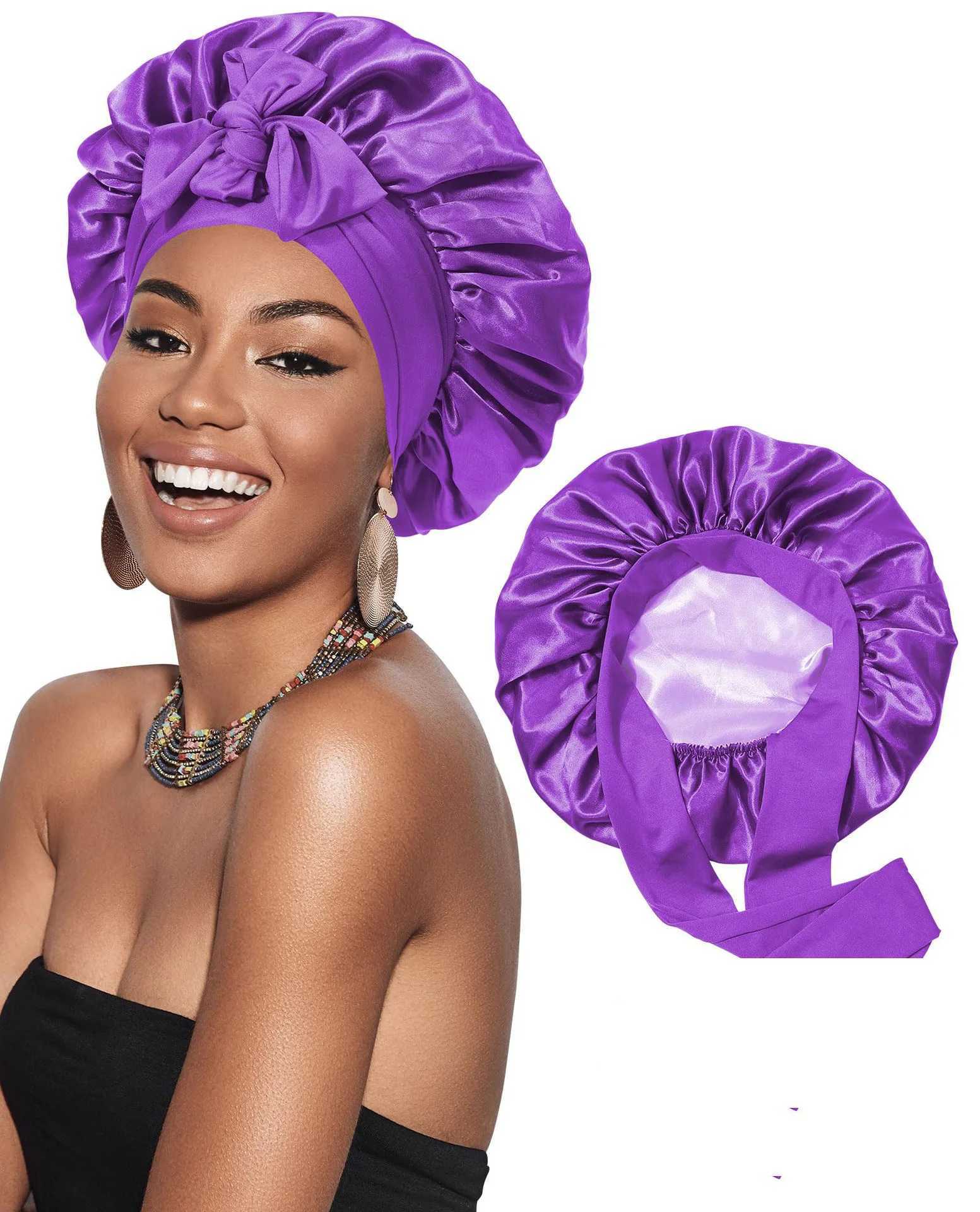 New Satin Double Layer Bonnet Solid Wide Tie Band Stretch Head Silky Bonnet Edge Wrap Nightcap Hair Care Shower Bonnet for Women Z250808
