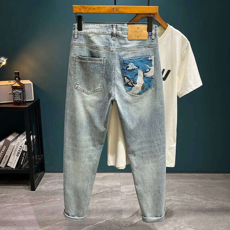LB8518 Light trend embroidery jeans men's Slim small feet new tide elastic leisure hundred trousers