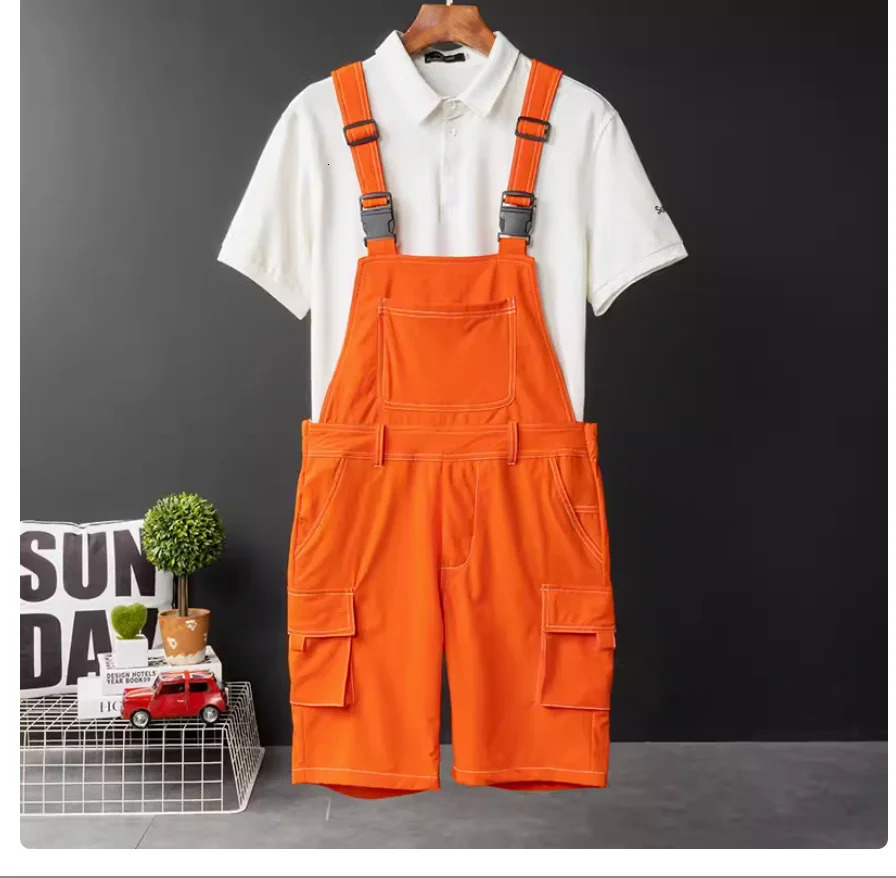 2024Summer men Bib overalls strap pants candy color multi pockets short suspender romper costume joggers Cargo Overalls 250804