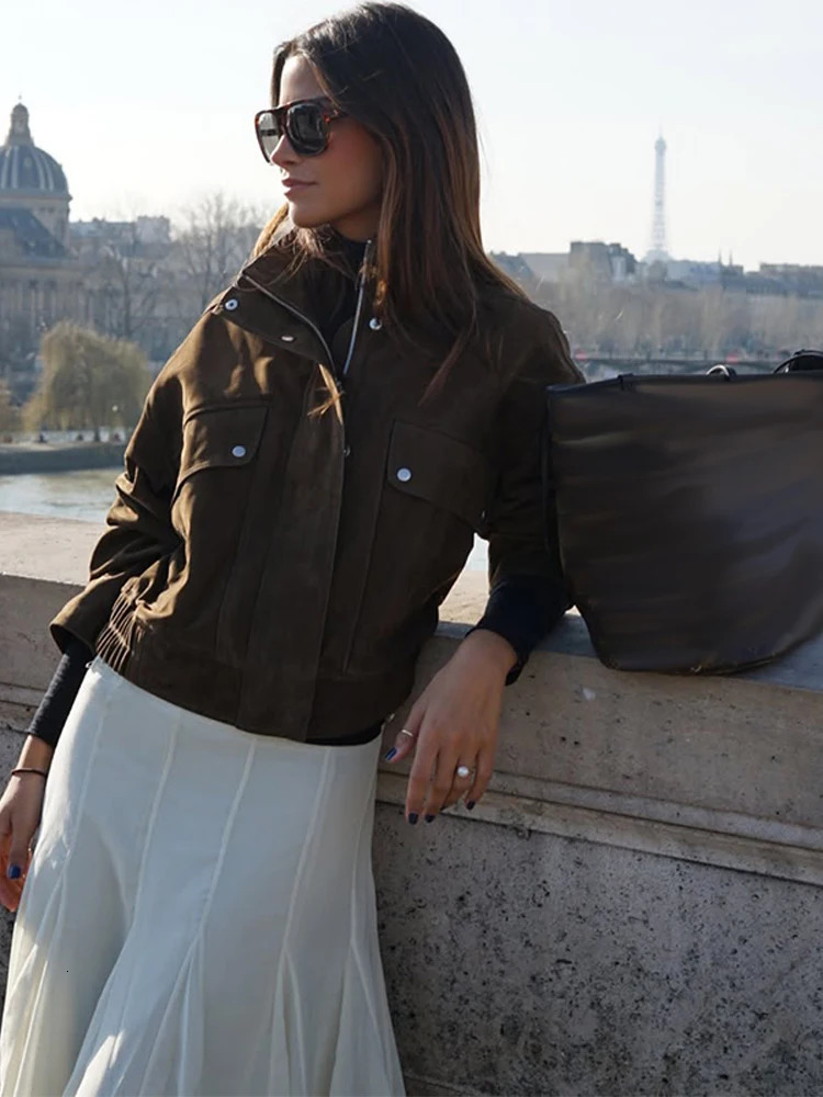 Vintage Womens Suede Bomber Jacket Fashion Lapel Zipper Full Sleeve Female Coats Spring Lady Elegant Casual Streetwear 250805