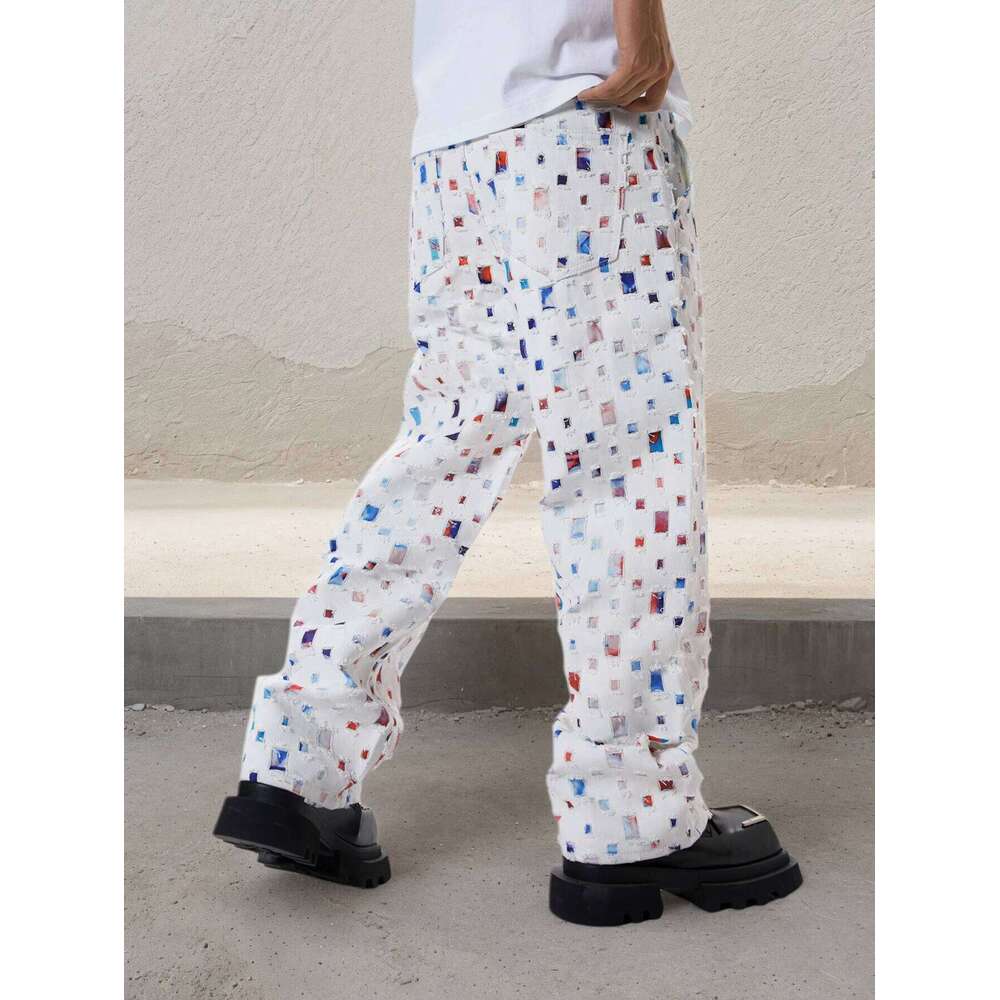 Straight Leg Streetwear White Baggy Jeans for Men Loose Fit Denim Pants Mid Waist Trousers