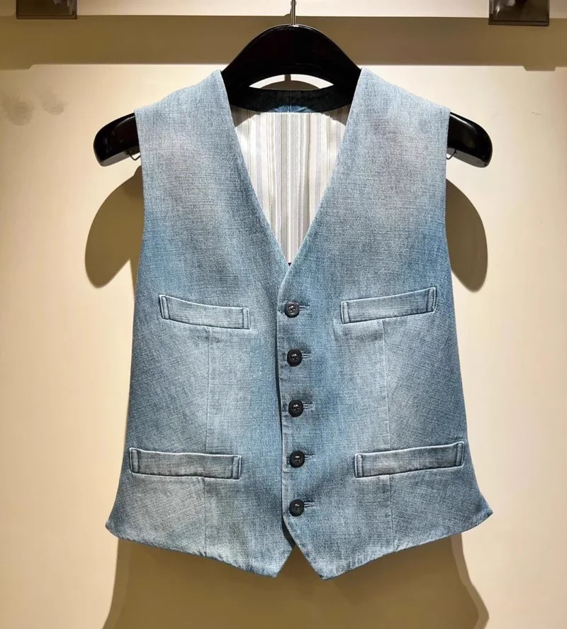High Quality Cotton Pants Elegant Womens Denim Blue Blazer Outfits Fashion Ladies Vest Business Wear 250728