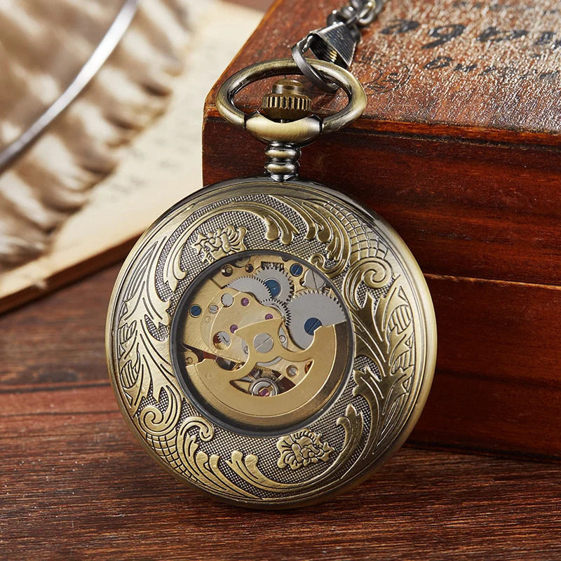 Vintage Gold Bronze Mechanical Pocket Watch Hand Winding Skeleton Roman Numerals Dial Fob Chain Clock for Men Drop 250807