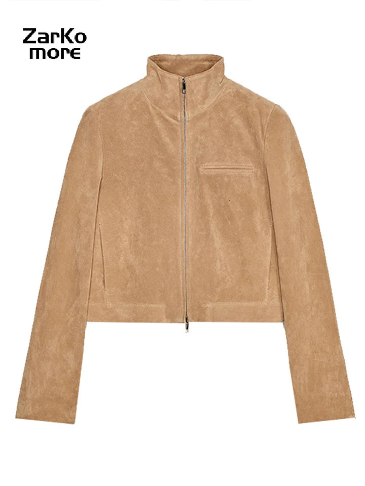 Fashion Womens Short Suede Jacket Loose Green Lapel Zipper Long Sleeve Bomber Coat Spring Lady High Street Outwears 250805