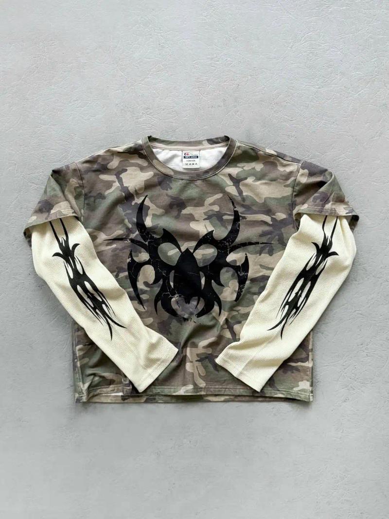 Men's T Shirts 2025 Street Hip-hop Fashion Camouflage Retro Loose Long Sleeve Men Harajuku Punk Goth Casual Oversized Top Women