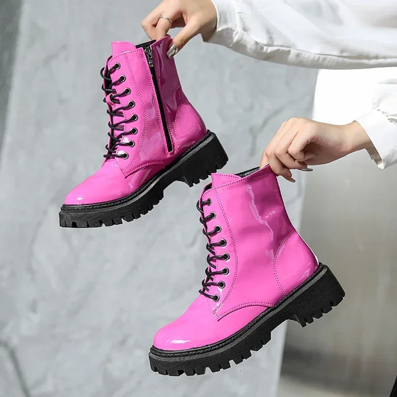 Lace Up Pink Ankle Boots Woman Patent Leather Platform Motorcycle Thick Heels Zipper Short Booties 250801