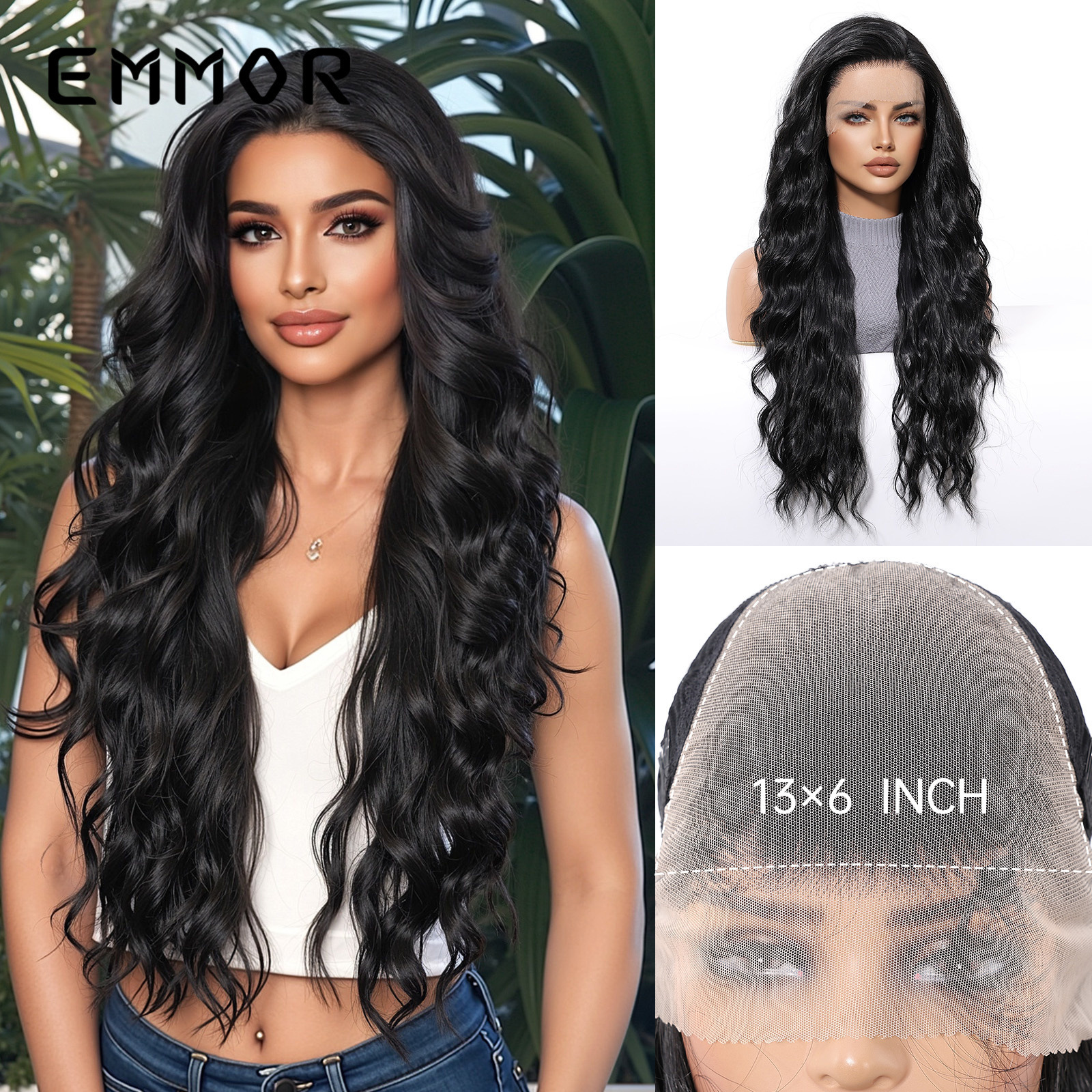 New 13X6 Large Area Silk Middle Part Black Big Wave Long Curly Lace Full Head Hairstyle
