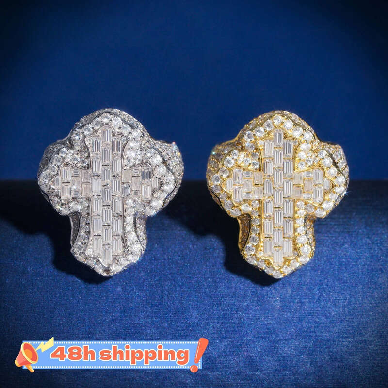 Hip Hop Fashion Iced Out Vvs Moissanite Cross Engagement Sterling Sier Men Dia Ring