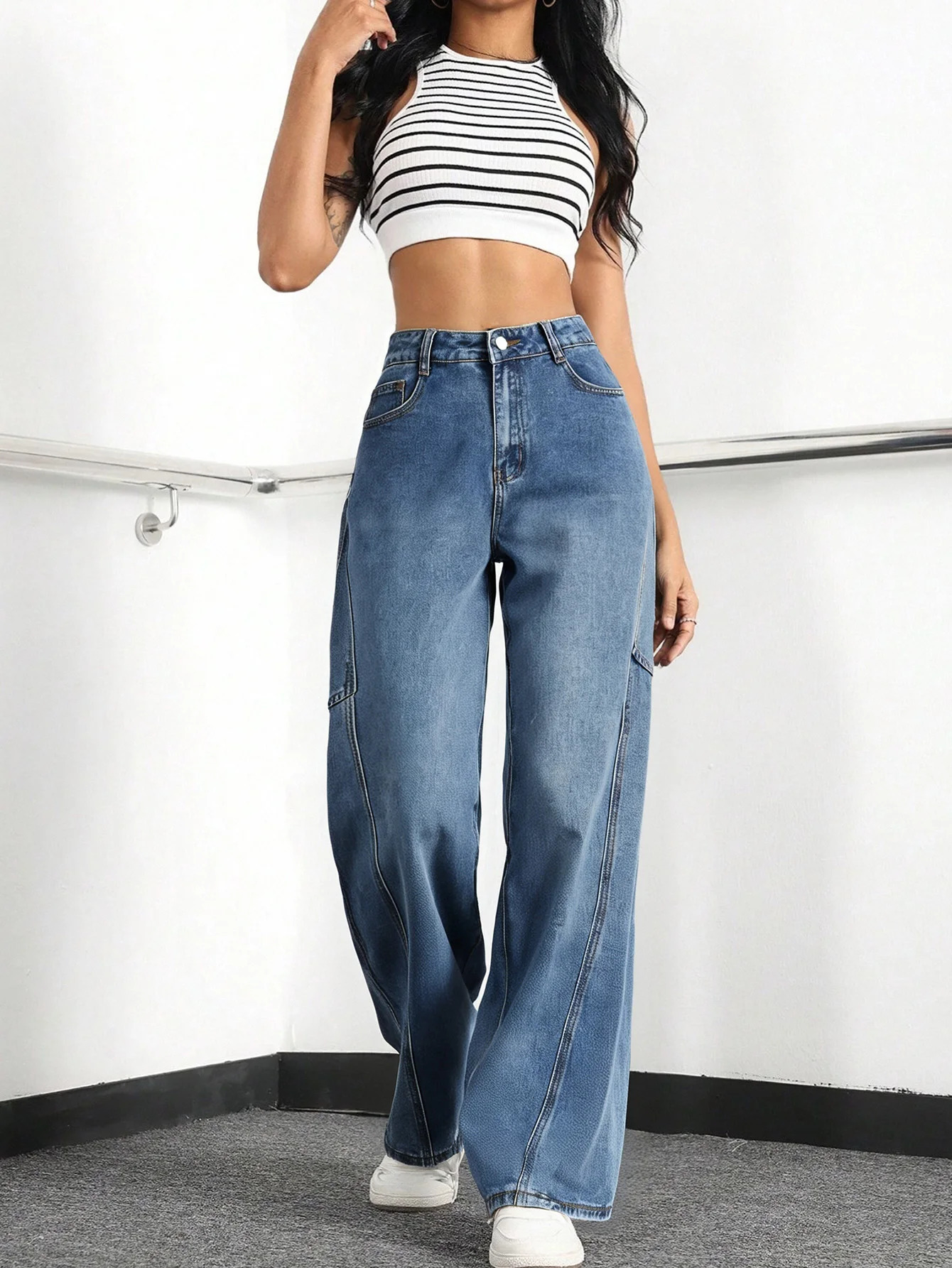 Womens High - Waisted Wide Leg Cargo Jeans | Baggy Denim Workwear Pants 250804