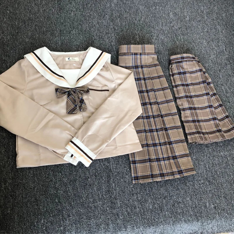 School Dresses Japanese College Middle Uniform For Girls Jk Uniforms Lady Sailor Suit Tea Brown Color Plaid Pleated Skirt 250729