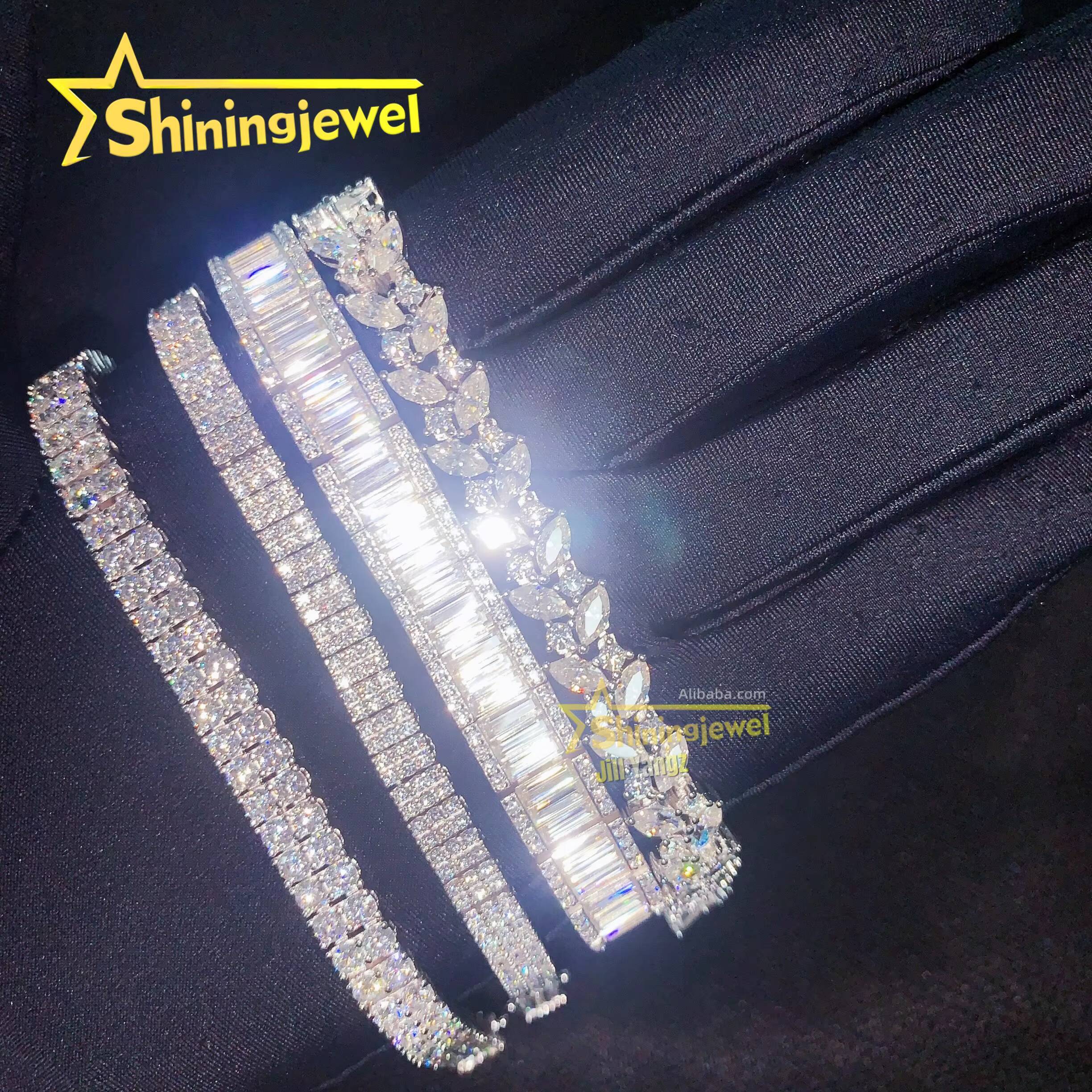 Luxury Fancy Cut Moissanite Cuban Bracelet Ready Stock Hip Hop Rock Moissanite 925 Silver Diamond Cuban Link Chain