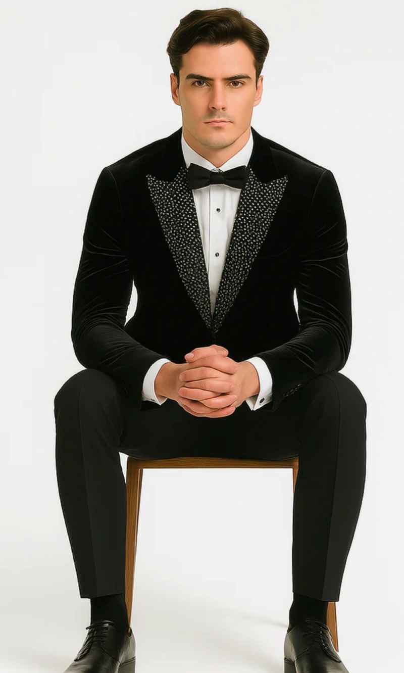 Luxury Black Peaked Lapel One Button Blazer Trousers Beaded Party Wear Male Suits Wedding Costume Homme Slim Fit Outfit 2Pcs Jacket Pants