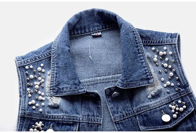 Women Lapel Jacket Vintage Denim Vest Loose Fit Bead Decor Single-breasted Hop Streetwear for Ladies Fall/spring Waistcoat 250804