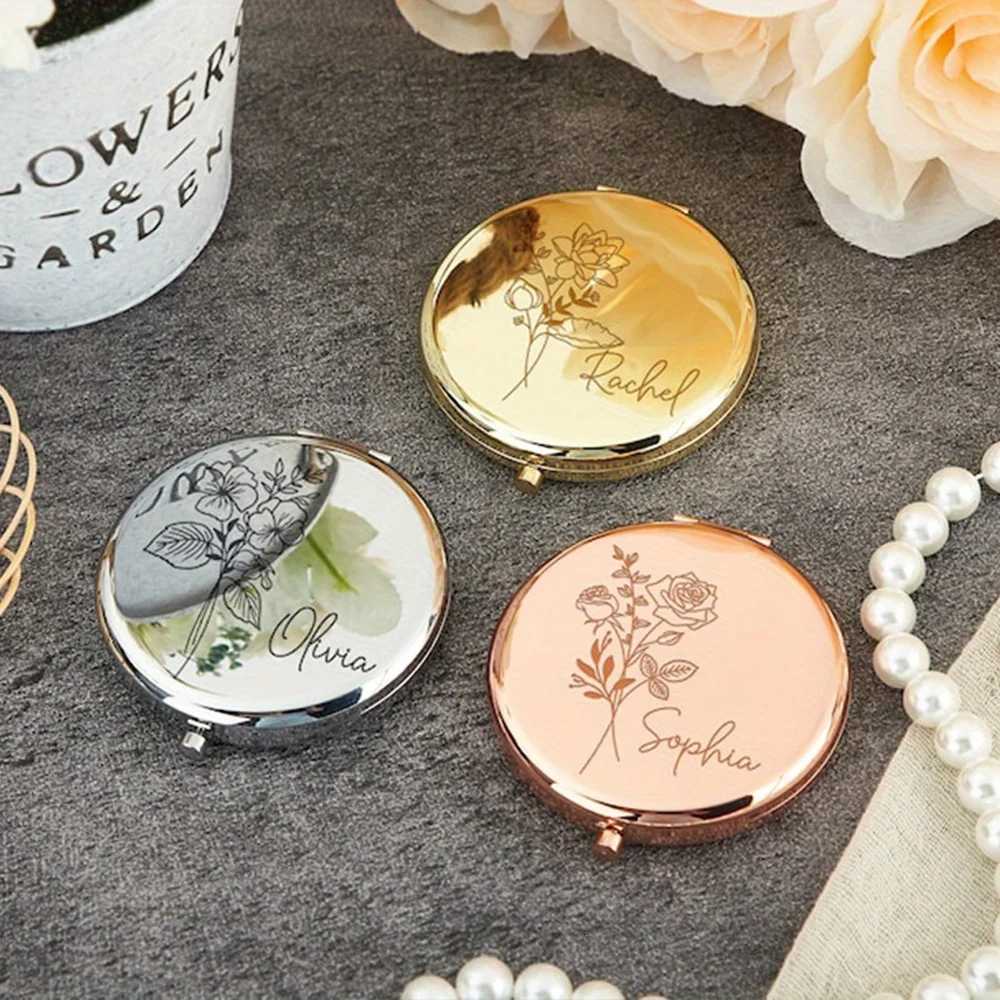 Engraved Compact Mirror with Birth Flower Design Elegant Portable Pocket Mirror for Her Custom Name Personalized Birthday Gift Z250807