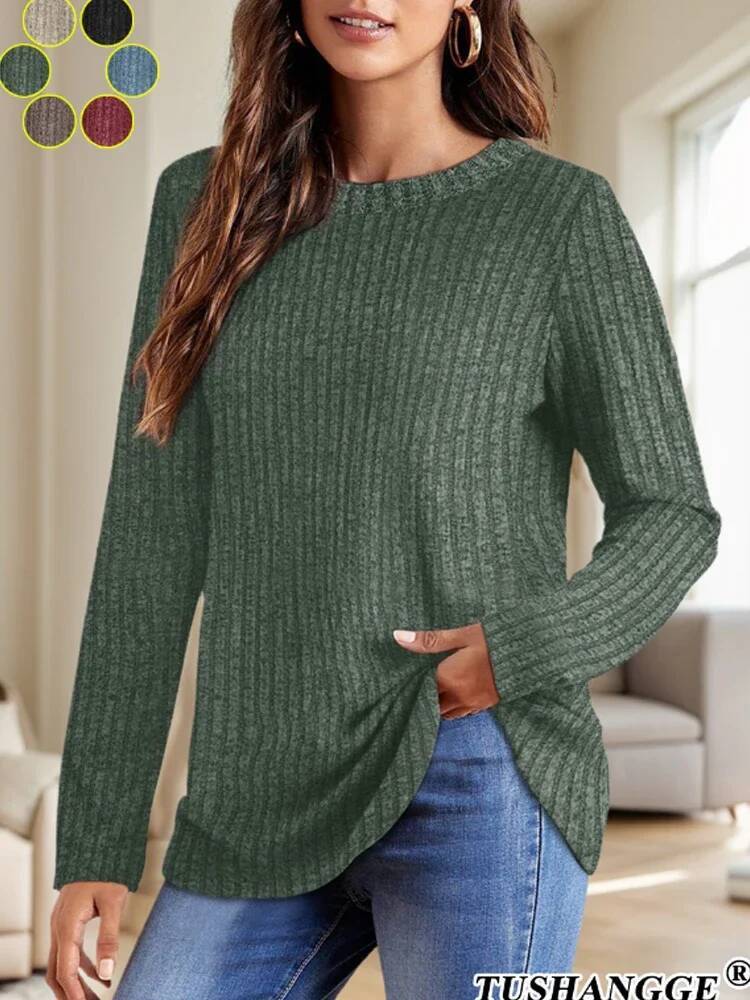 2024 Autumn Women Round Neck Long Sleeved Pit Stripe Pullovers Solid Color Lightweight Ladies Sweaters Comfortable Woman Clothes dongdumaoyi