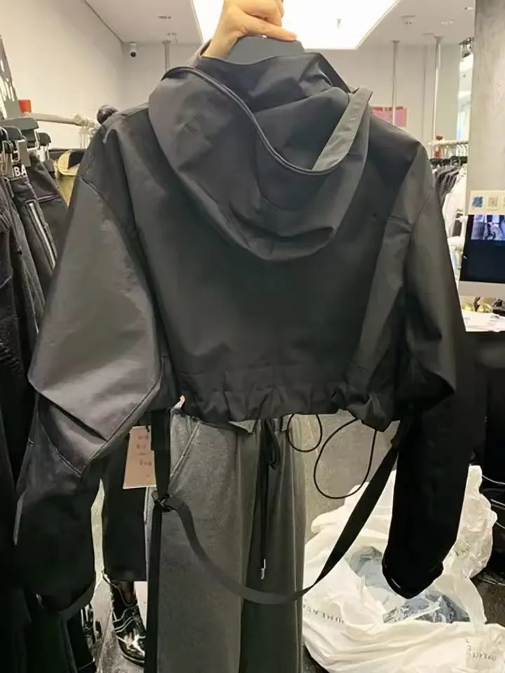 Fashion Short Hooded Jacket 2025 Spring Black Loose Motorcycle Coats Female Street Windbreak Short Basic Coat 250728