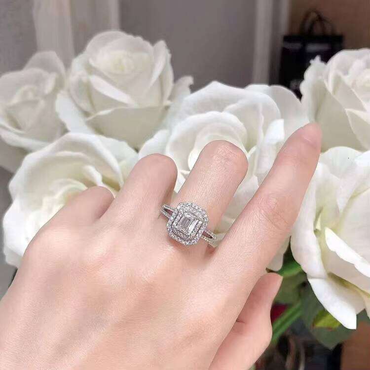 A White Gold 1CT Emerald Cut Moissanite Centre Gem with Double Halo Wedding Ring Women