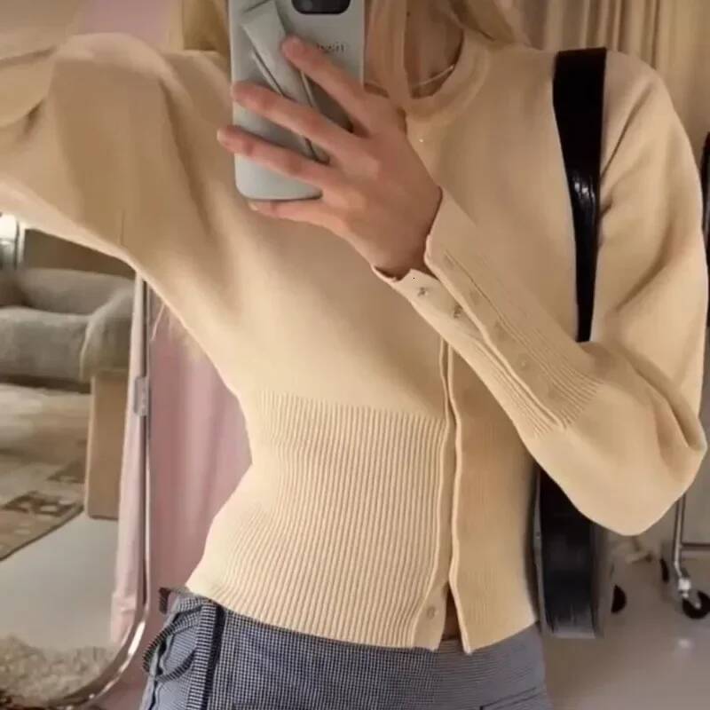 Women's High Waist Round Neck Single Breasted Cardigan Solid Long Sleeve Short Sweater Top Autumn Slim Bottoming Shirt dongdumaoyi