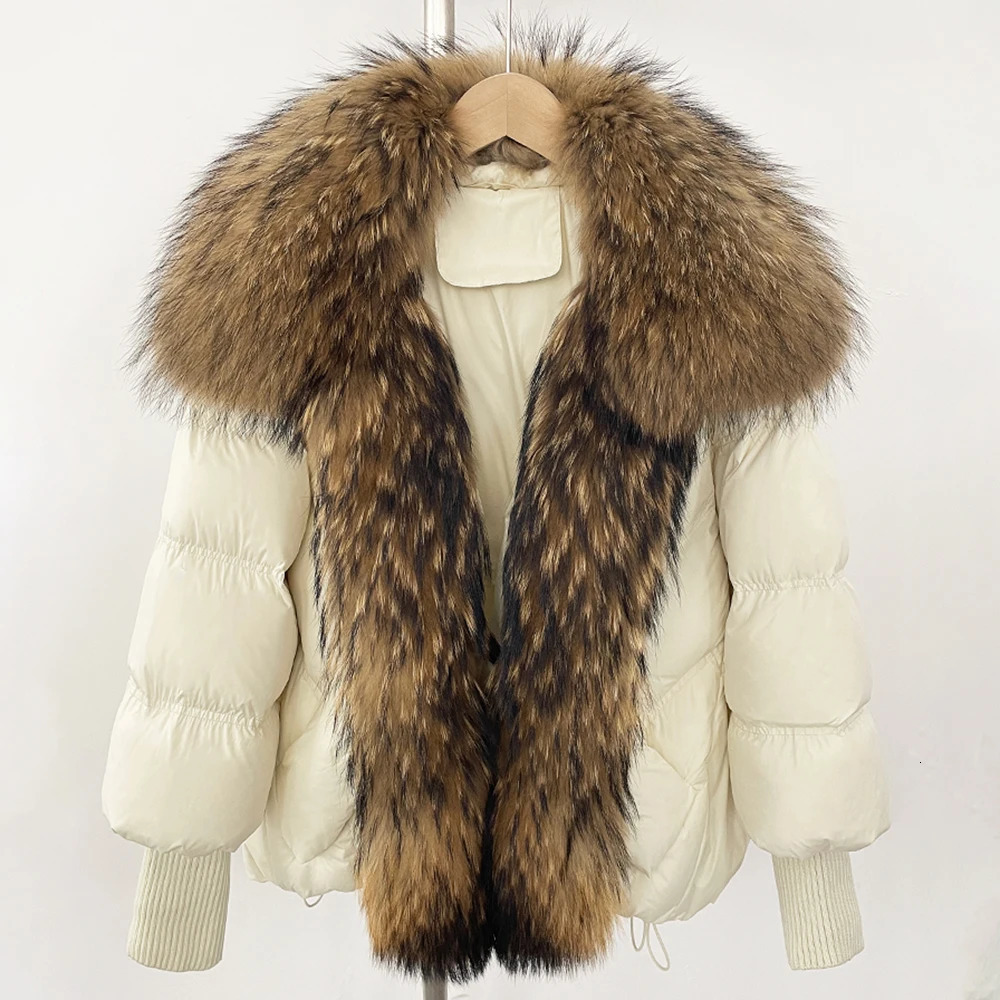 OFTBUY Winter Large Raccoon Fur Puffer Coat Women Knit Sleeve White Duck Down Jacket Oversized Feather Down Parka 250804