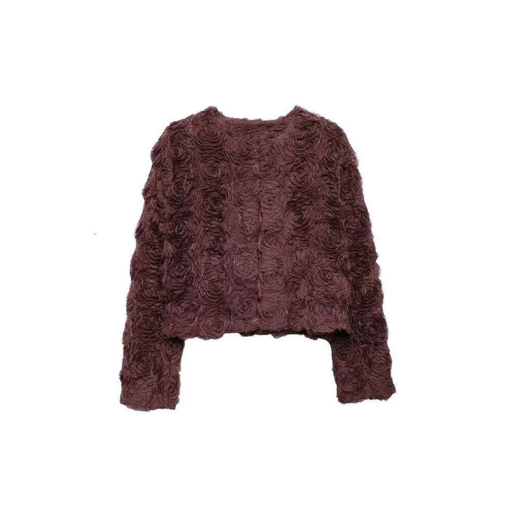 Women Fashion Flower-shaped Textured Cropped Jacket Coat Long Sleeve Snap-button Female Outerwear Chic Tops