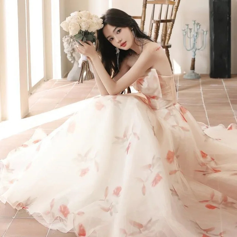 2025 Summer French Super Immortal Bow Strapless Evening Dress Fashionable Slimming Vocal Art Exam Walking Show Banquet Dress 250728