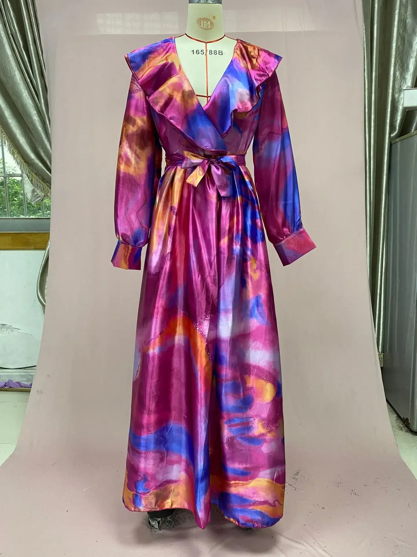 Print Dress Women Long Dresses Full Sleeve Sashes Tight Waist Autumn Female Temperament Elegant Office Lady Vestidos 250728