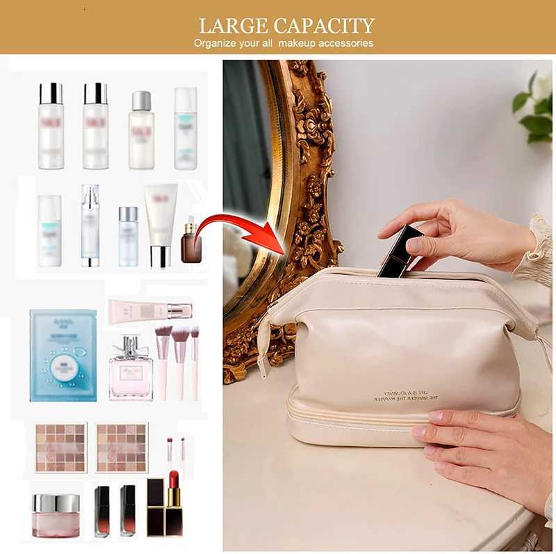 Travel Large Double Layer Cosmetic Bag Waterproof Leather Makeup Bag for Girls Portable Toiletry Bag Make Up Storage Organizer Y250808