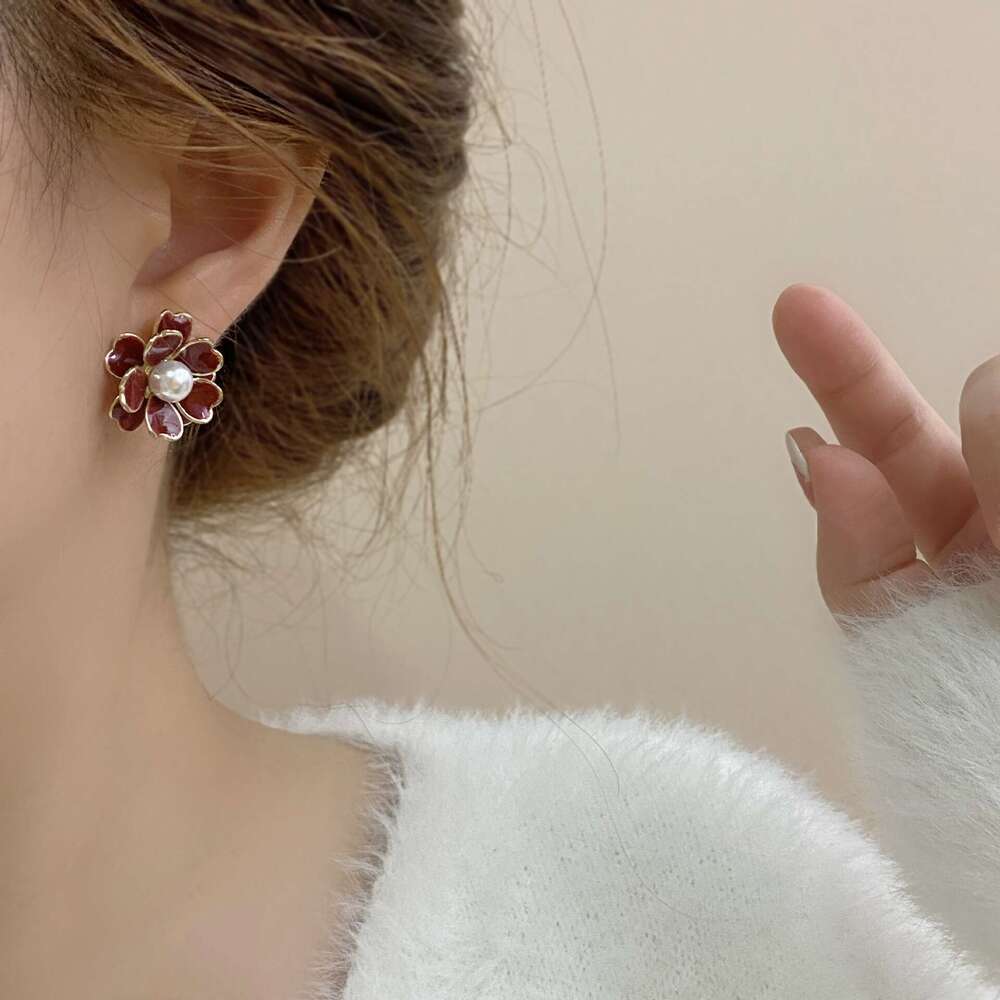 Copper Gold-Plated Korean Style Flower Enamel Drop for Women New Trendy Light Niche Fashion Stud Earrings Sier Needle