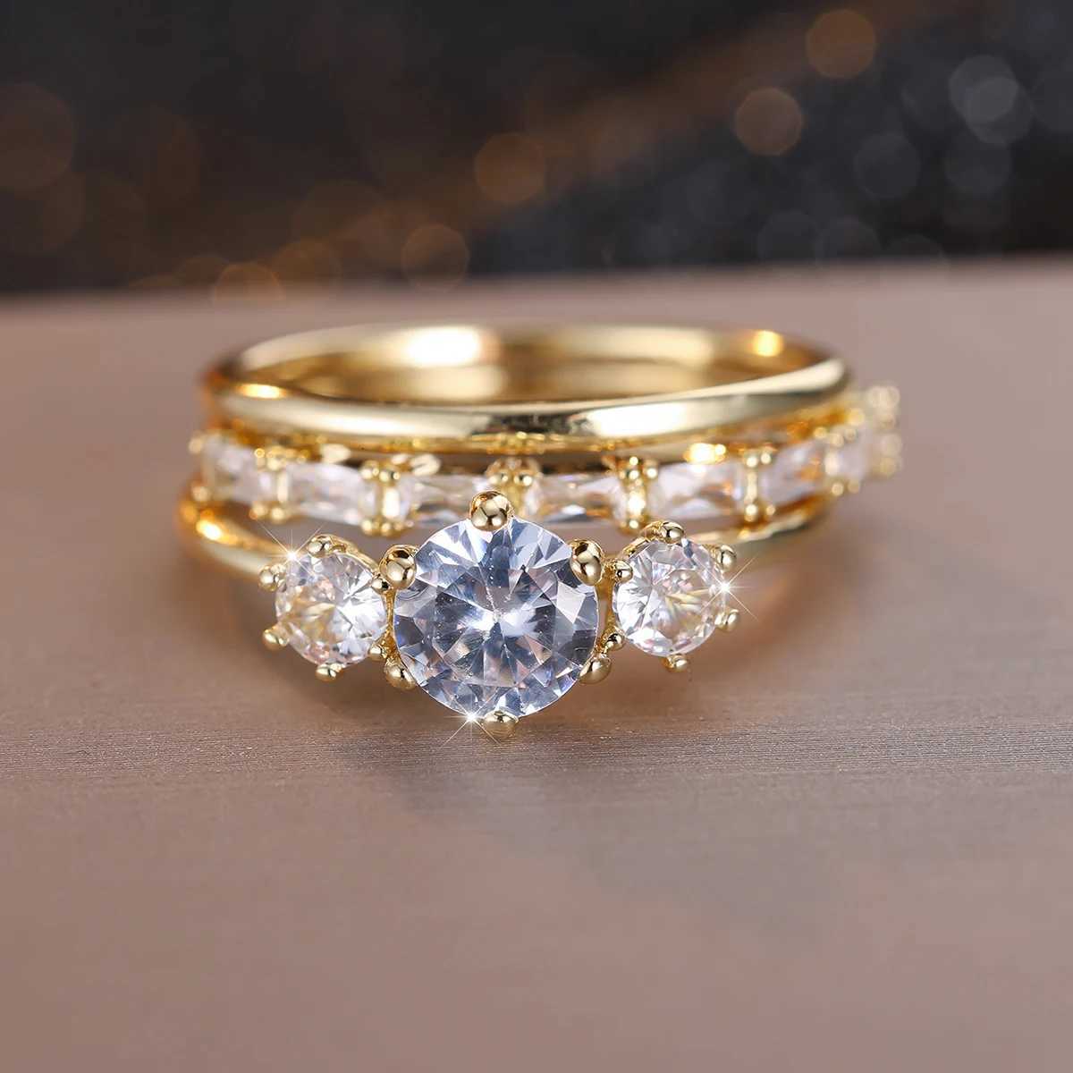 3pcs Luxury Bridal Stacking Thin Ring Sets For Women Gold Color Round White Zircon Wedding Bands Party Mothers Day Jewelry Gifts Y250808