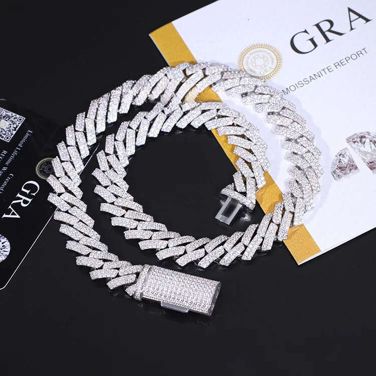 Hip Hop Jewelry 2 Rows 15 Mm Vvs Moissanite Dia Sterling Sier Cuban Link Chain