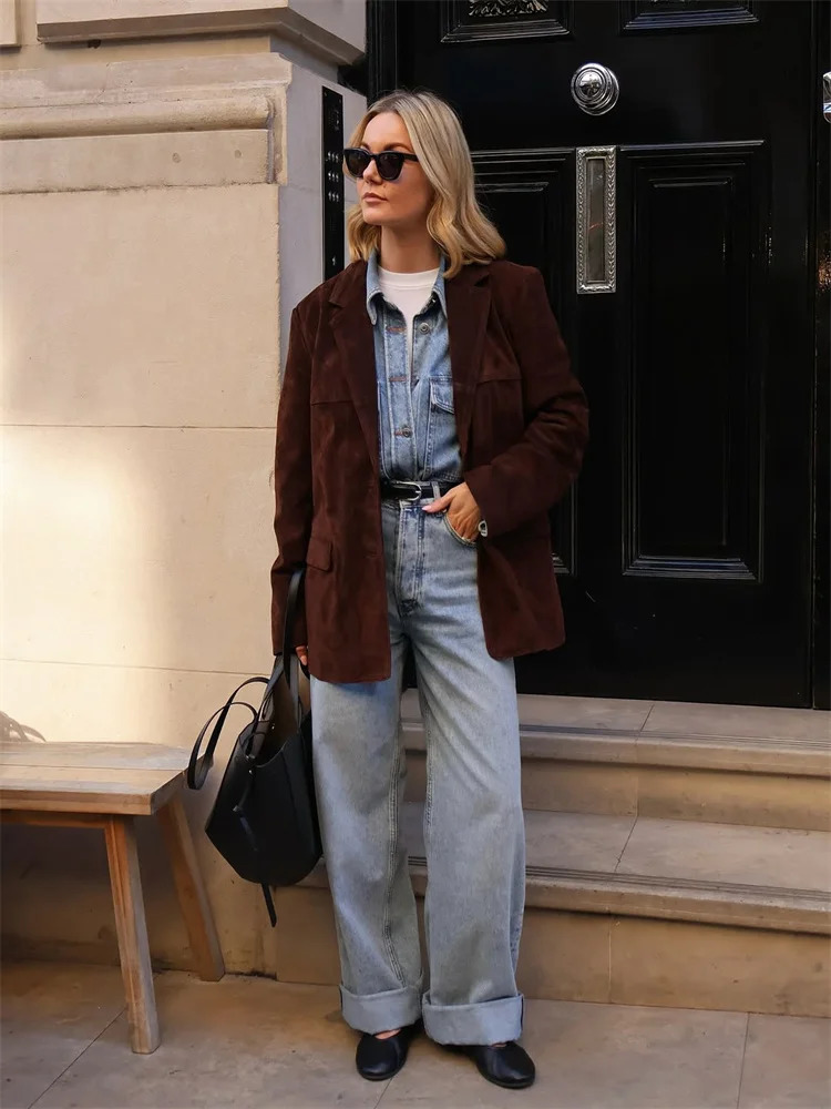 Women s Suede jacket Vintage Laple Full Sleeve Pockets Thicken Outwears Female Spring Fashion Lady Demi-season jacket 250805