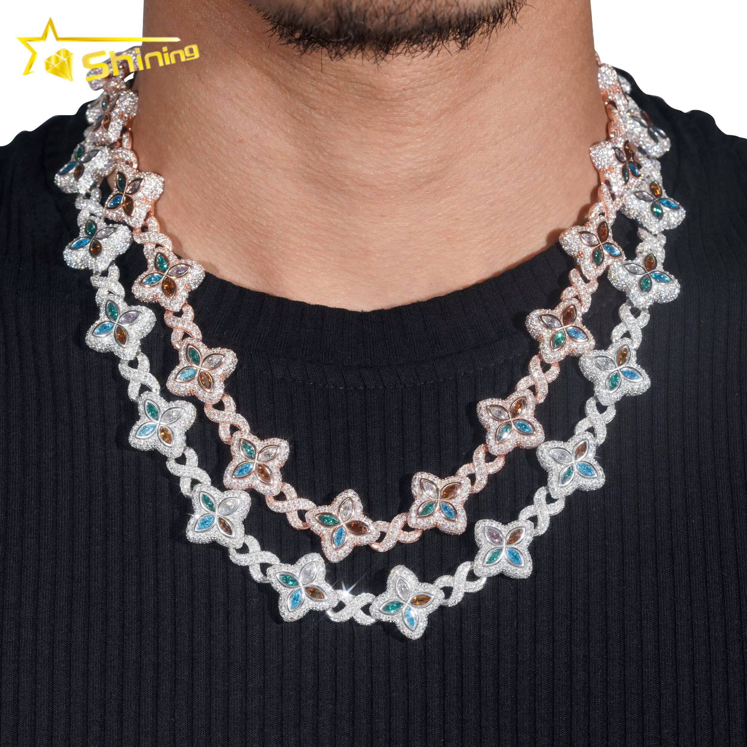 Top Quality New Arrival 15MM 925 Sterling Silver Hip Hop Jewelry Iced Out Chain Cuban Link Chain Colored Moissanite Necklace