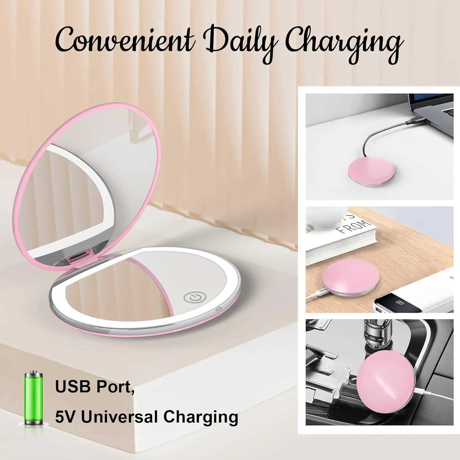 Compact Mirror with Light 1X/3X Magnification LED Pocket Mirror with USB Data Cable Pink Mini Mirror for Purse Pocket Travel Z250807