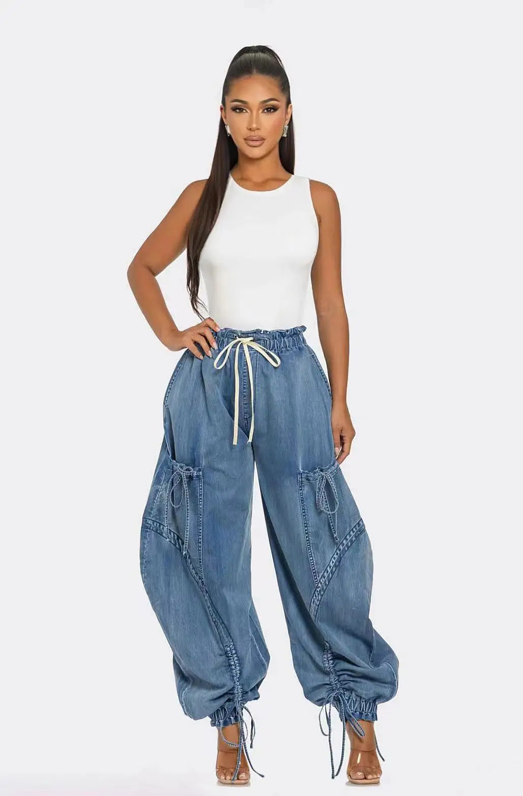 Lace Up Wide Leg Jeans Cargo Pants Sexy Women High Waist Elegant Streetwear Denim Loose Trousers 250804
