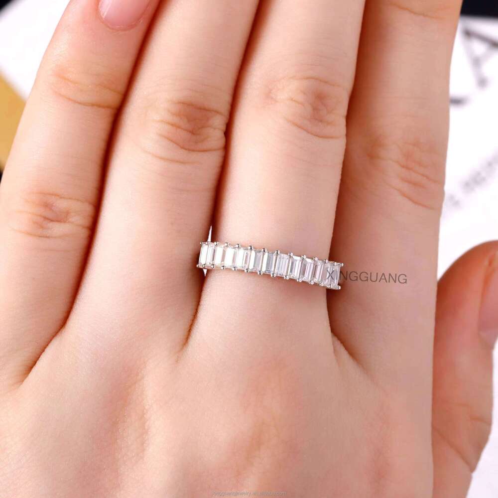 Custom Women Emerald Cut Moissanite Half Eternity Band White Solid Gold for Engagement Wedding Ring Jewelry