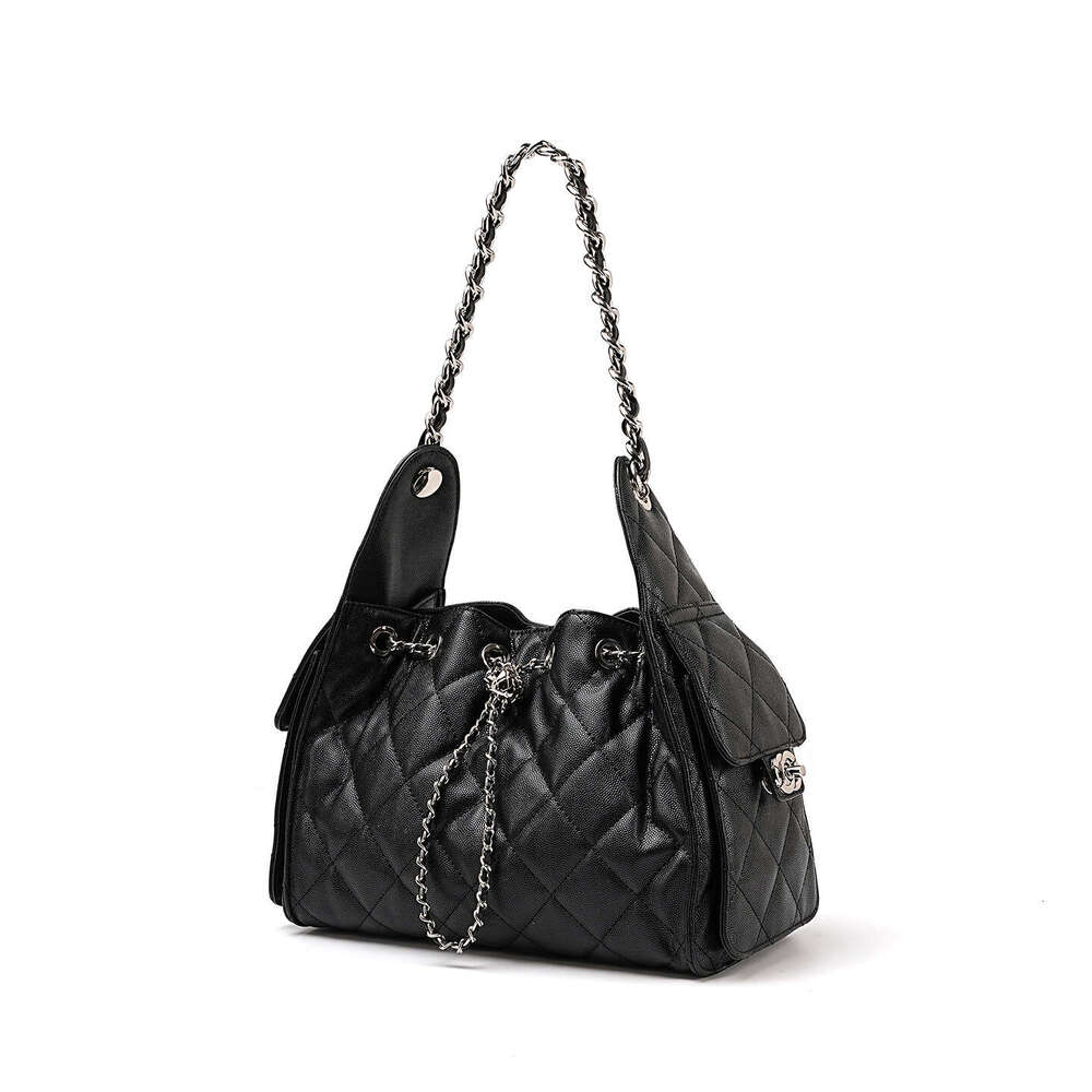 Quilted Genuine Leather Single Shoulder Underarm Caviar Pattern Large Capacity Hobo Bucket Drawstring Chain Crossbody Bag for Women