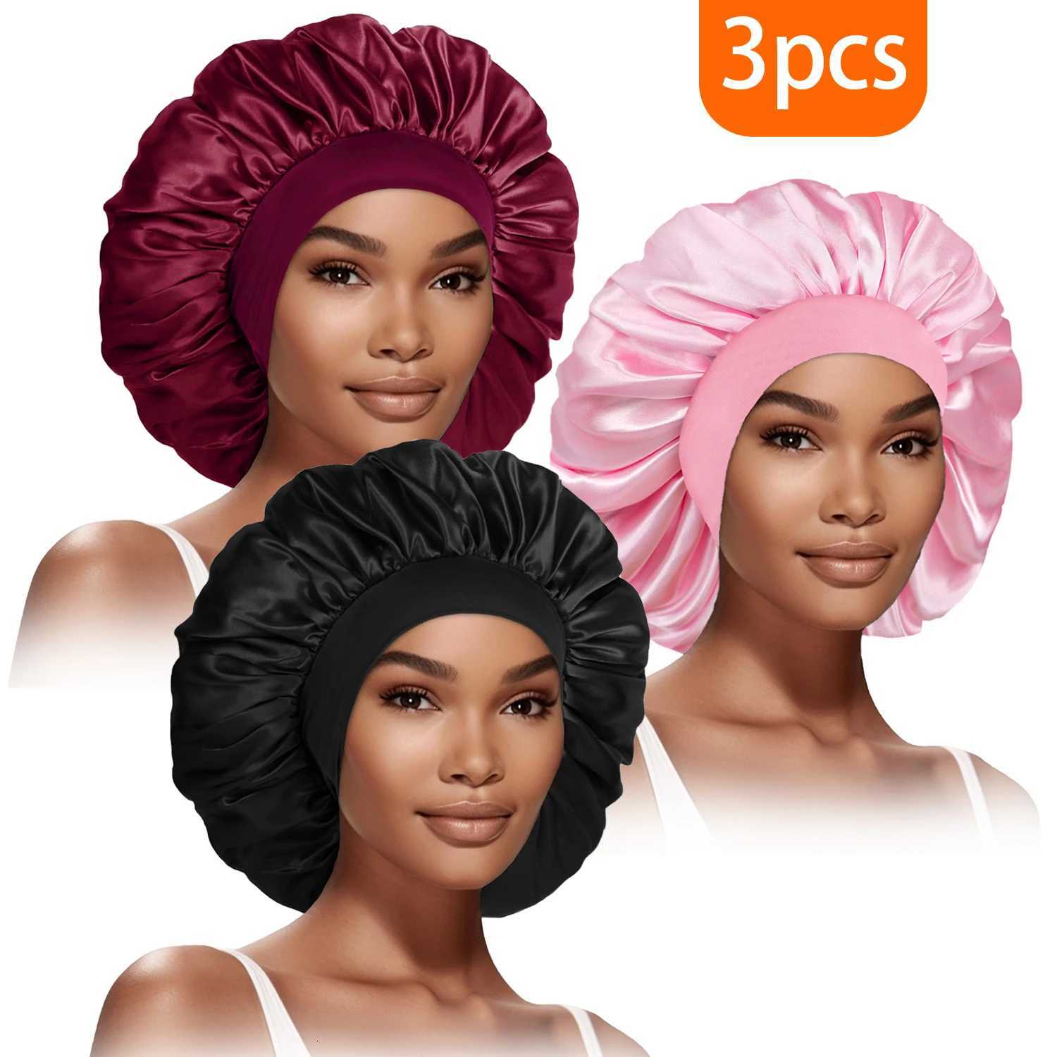 3pcs Womens Fashion Bonnet Large Wide Edge Elastic Hat Casual Sports Silk Smooth Suitable for Curly Straight Hair Sleeping Hat Z250808