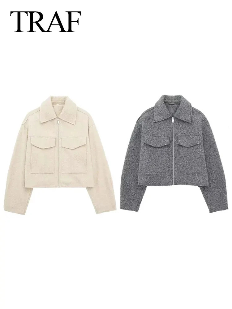 TRAFZA Womens Cropped Jacket Vintage Grey Outerwear Long Sleeve With Pocket Zipper Faux Fur Coat Fashion Womens Clothing 250806