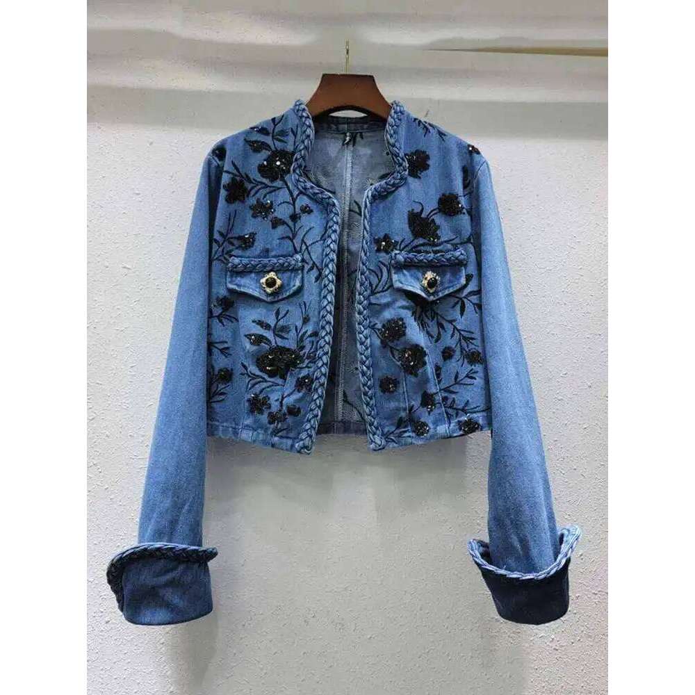 Trendy New Items Women's Embroidery Sequins Denim Coat Summer Fashion V-neck Long Sleeves Jacket Female