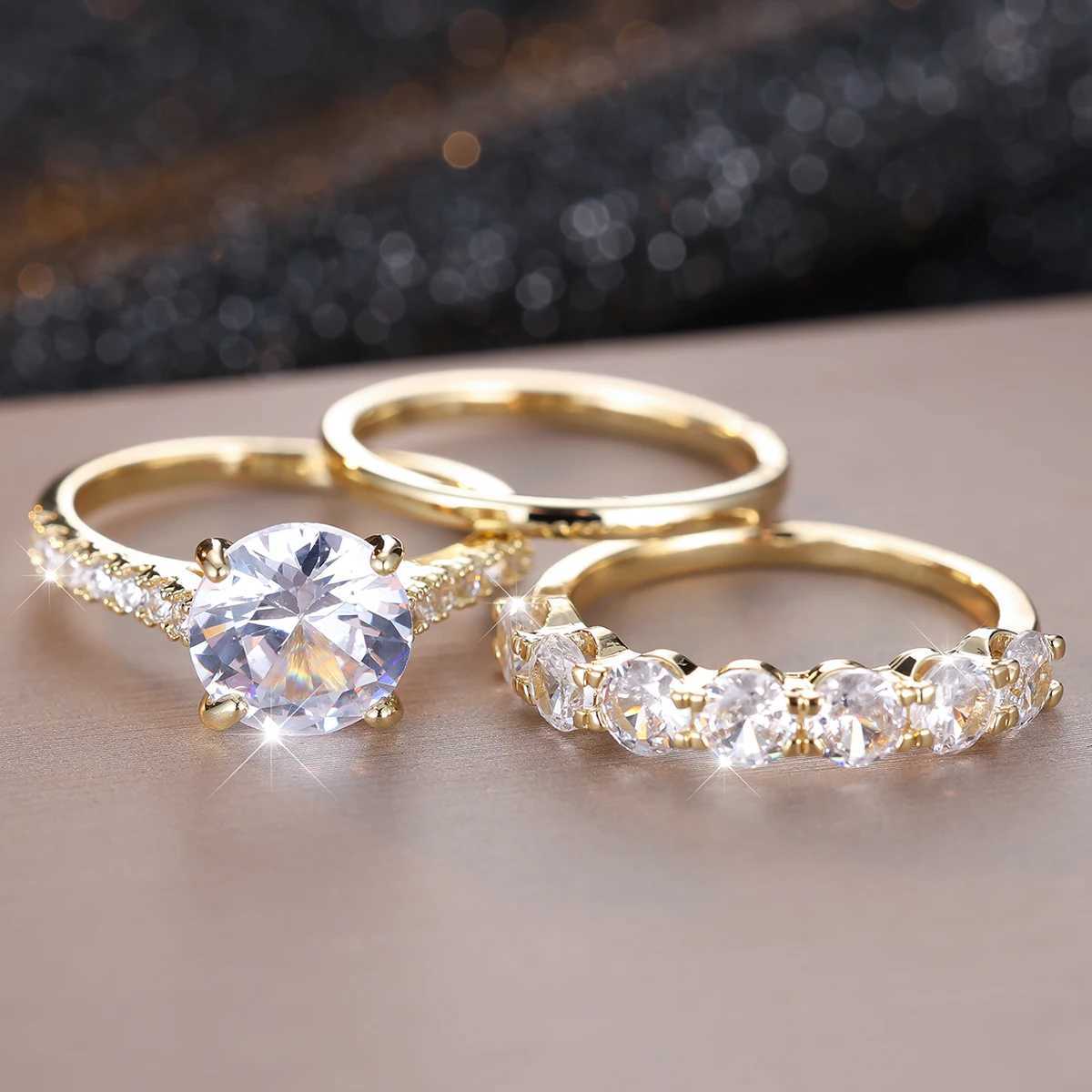 3pcs Luxury Bridal Stacking Thin Ring Sets For Women Gold Color Round White Zircon Wedding Bands Party Mothers Day Jewelry Gifts Y250808