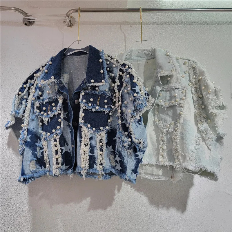 WTHT Trendy Womens Heavy Industy Pearls Irregular Burr Edge Denim Vest Fashion Summer Lapel Loose Waistcoat Female 1LS1554 250804