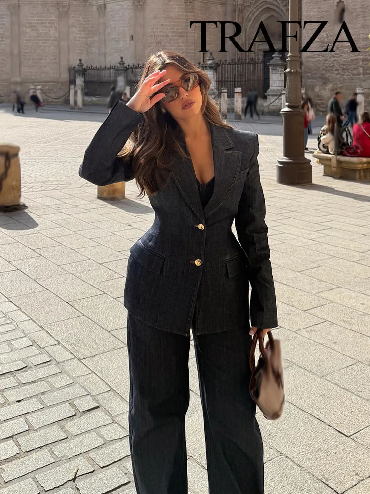 TRAFZA 2025 Spring Denim Blazer Trousers Set For Women Turn-down Collar Slim Coatv Neck Corsetvintage Female Wide Leg Jeans 250728